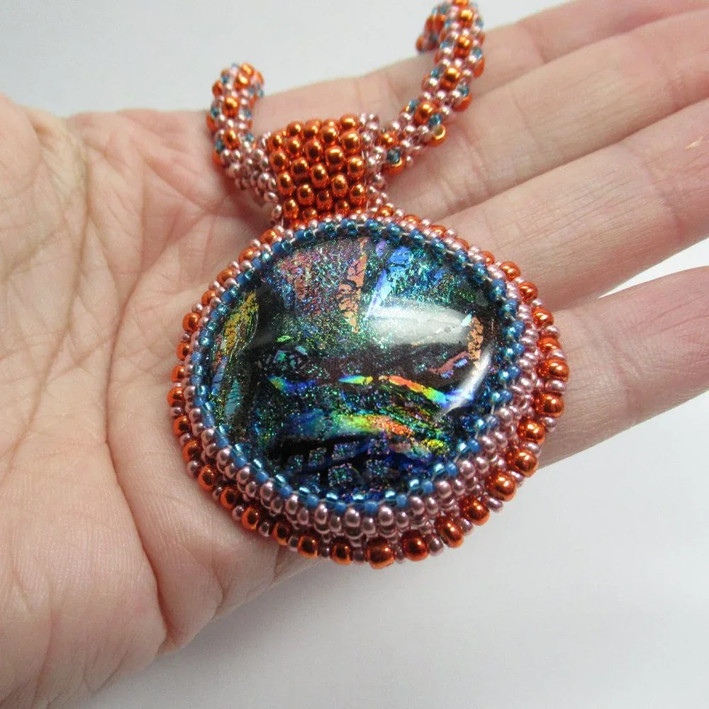 Handwoven Dichroic glass pendant with necklace